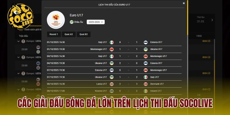 Các giải đấu bóng đá lớn trên lịch thi đấu Socolive