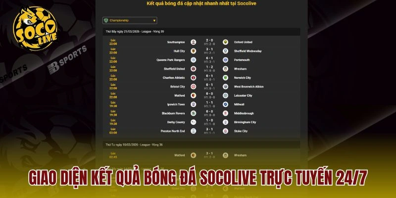 Giao diện kết quả bóng đá Socolive trực tuyến 24/7