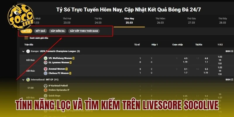 Tính năng lọc và tìm kiếm trên Livescore Socolive